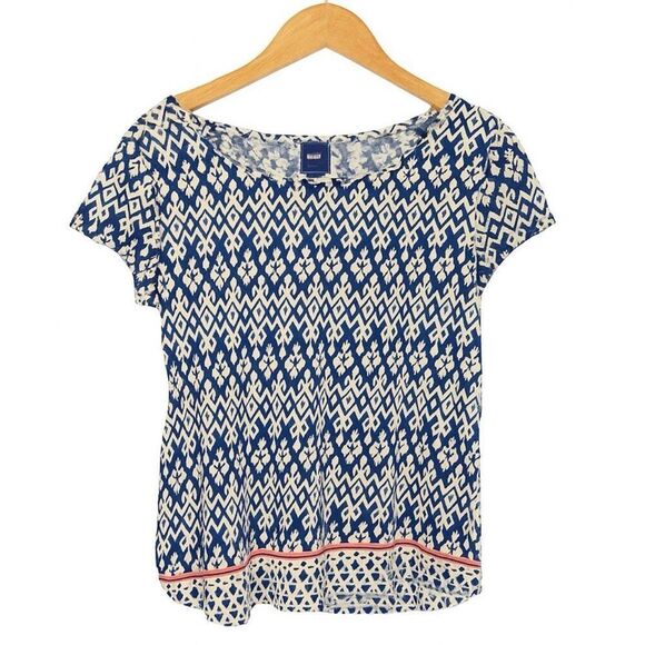 Saks Fifth Avenue Women’s Abstract Print Top Blue White Red Trim Size L - Picture 1 of 4